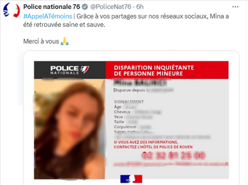 Mina, la jeune fille de 13 ans disparue près de Rouen, a été retrouvée saine et sauve