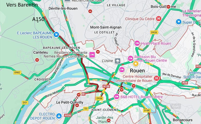 D'importantes perturbations ont été constatées jusque sur la rive gauche de Rouen - Capture d'écran Google Maps