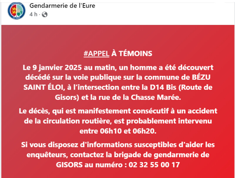 Un piéton tué sur la route à Bézu-Saint-Éloi (Eure) : un appel à témoins lancé par la gendarmerie