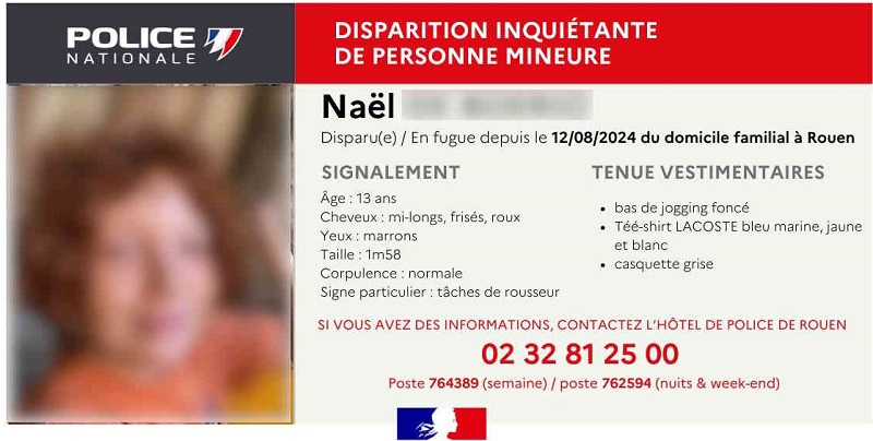 En fugue depuis le 12 août, Naël, 13 ans, a été retrouvé sain et sauf annonce la police de Rouen