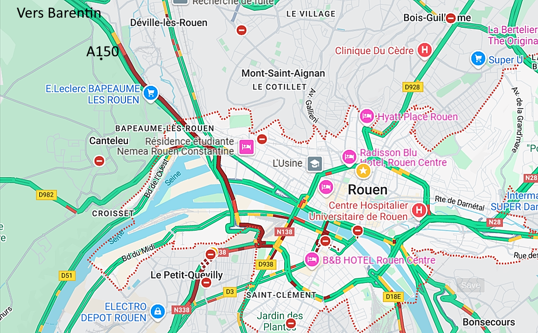 D'importantes perturbations ont été constatées jusque sur la rive gauche de Rouen - Capture d'écran Google Maps