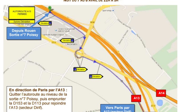 Fermeture de l'A 13 à Poissy en direction de Paris la nuit prochaine